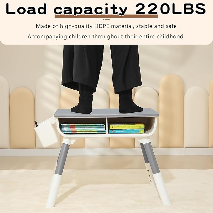 Kids Study Desk and Chair Set Height Adjustable Graffiti Desktop Storage Drawer Storage Basket Non Slip Legs Suitable for Max Weight of 220 Pounds Suitable for Children Aged 2-10(Grey 2Chair)
