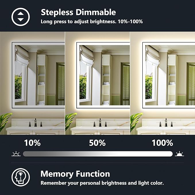 60x36 Inch LED Bathroom Mirror with Lights (Front Lit and Backlit) Black Framed Lighted Vanity Mirror for Bathroom Wall Dimmable Anti-Fog Memory Tempered Glass Horizontal/Vertical