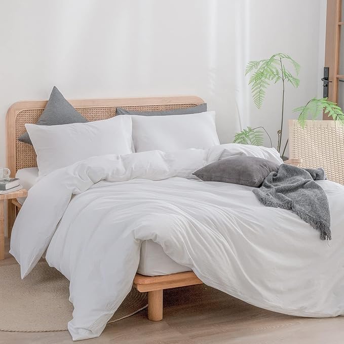 BESTOUCH Duvet Cover Set 100% Washed Cotton Linen Feel Super Soft Comfortable Chic Lightweight 3 PCs Home Bedding Set Solid Bright White Oversized Full
