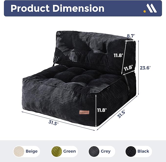 MAXYOYO Floor Sofa Bean Bag Sofa Couch, Comfy Floor Couch with Back Support, Portable Bean Bag with Filling, Corded Chair Seating for Living Room Bedroom Apartment, Black
