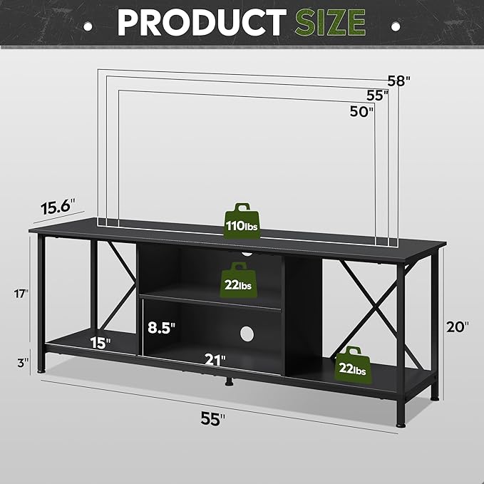 WLIVE TV Stand up to 65 Inch TV, 55" Entertainment Center, Industrial TV Console with Open Storage Shelf for Living Room and Bedroom, Black