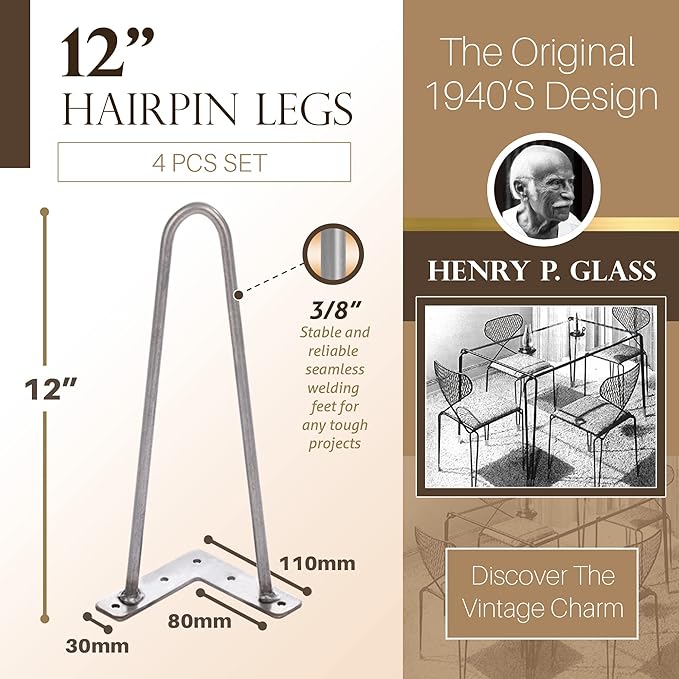 TEN49 Heavy Duty Hairpin Table Leg - 12 Inch Industrial Furniture Legs - Raw Steel Color Solid Rods Metal Leg for Table - Fit for Mid-Century Modern Bed End, Coffee Table, TV Stand, Chair Legs