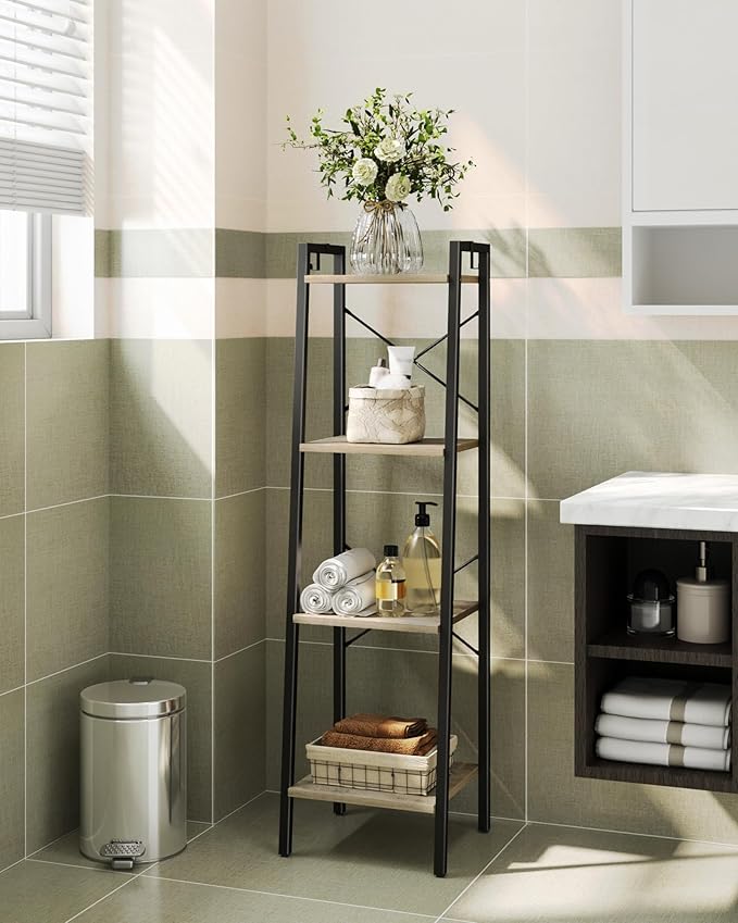 Ladder Shelf, Bookshelf Bookcase, Freestanding Corner Storage Shelve with 2 Hooks for Home Office, Living Room, Kitchen, Bedroom, Industrial, 4-Tier Greige BC13205B