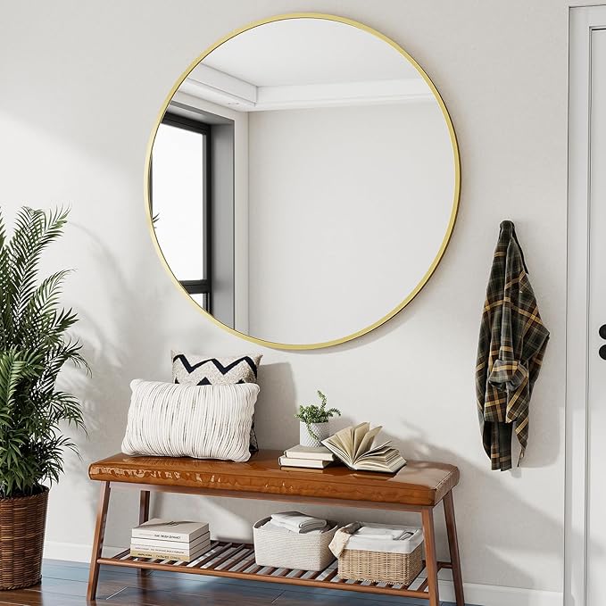 Gold Round Bathroom Mirror, 48 inch Large Circle Wall Mounted Hanging Mirror with Simple Modern Circular Metal Frame for Hallway, Entryway, Living Room, Gold Frame