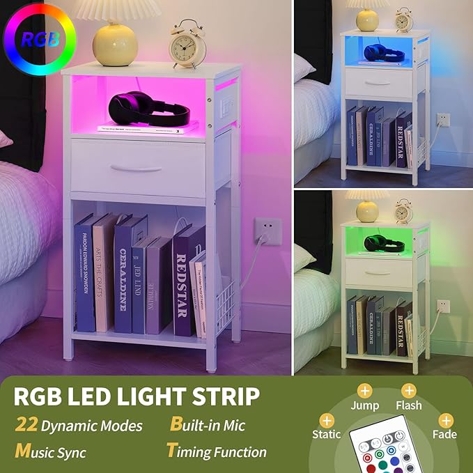 Yoobure Side Table - Night Stand with Charger Station & LED Light, 3 Tier Small End Table Living Room, Bedside Table with Drawer, Record Player Stand with Vinyl Storage, White Nightstand for Bedroom