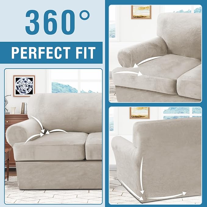 H.VERSAILTEX Sofa Cover 3 Piece T Cushion Loveseat Slipcovers Thick Velvet Couch Cover Stretch T Cushion Sofa Covers for 2 Cushion Couch with 2 Individual T Cushion Covers, French Oak