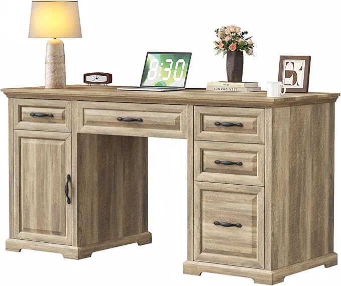 Marsail 60″ Farmhouse Executive Desk, Home Office Desk with Storage Cabinet, Charging Station, Adjustable Shelf, and File Drawer, Rustic Computer Writing Desk for Work & Study, Natural