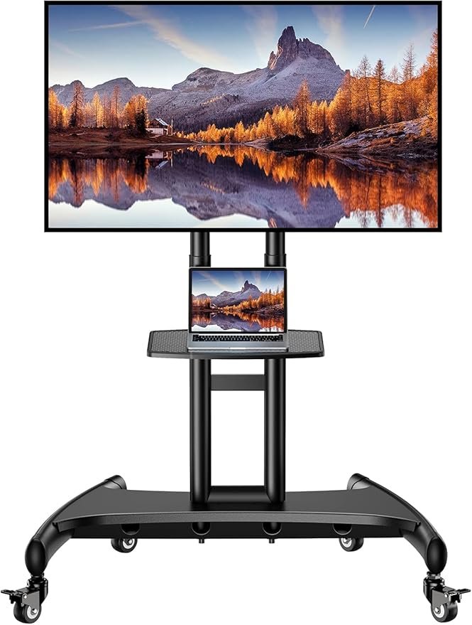 Perlegear Mobile TV Cart for 32-82 Inch Flat/Curved LED/LCD/OLED TVs Rolling TV Stand with Height Adjustable Shelf Max VESA 600x400mm up to 100lbs- Outdoor TV Stand Trolley with Wheels PGTVMC05-1
