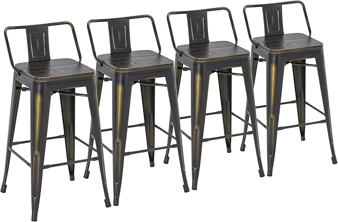 Yongchuang 24" Industrial Metal Barstools Set of 4 Counter Height Bar Stools with Back (24" Seat Height Wood Top Low Back, Distressed Gold)