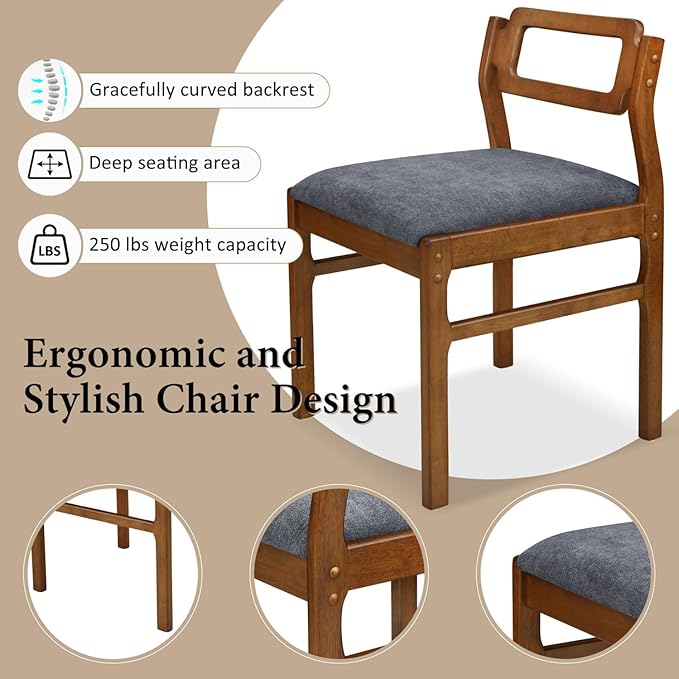 Drop Leaf Dining Table with Chairs Set of 4, 5-Piece Farmhouse Rectangular Dining Room Table with 4 Upholstered Solid Wood Chairs, Extendable Kitchen Tables for Small Place, Brown Rubber Wood