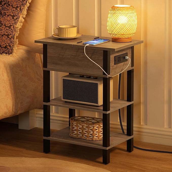 HOOBRO End Table with Charging Station, Flip Top Side Table with USB Ports, Narrow Nightstand Bedside Tables with Storage Shelves, for Small Space, Living Room,Greige and Black BG141UBZ01