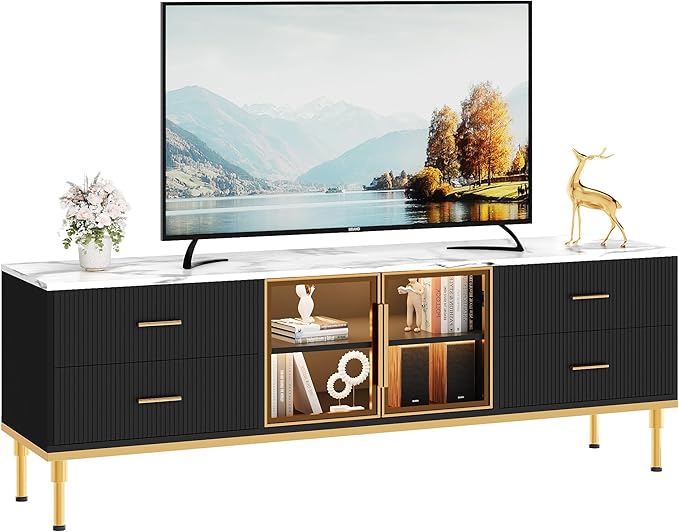 Garvee LED Lighted TV Stand for 55-75" TVs, Modern Entertainment Center with Drawers & Shelves, Glass Doors Living Room Furniture, Black