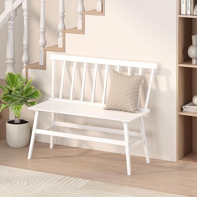 Bamboo Dining Bench, Wooden White Entryway Bench with Spindle Back Farmhouse Wood Windsor for Foyer Balcony Living Room Comfortable Winsor Chair Benches for Home