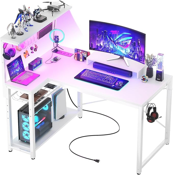 Homieasy Small Gaming Desk with Power Outlets Pegboard LED Light, 43 Inch L Shaped Computer Desk with Monitor Stand Storage Shelves, Reversible Corner Desk with Headset Hooks, White