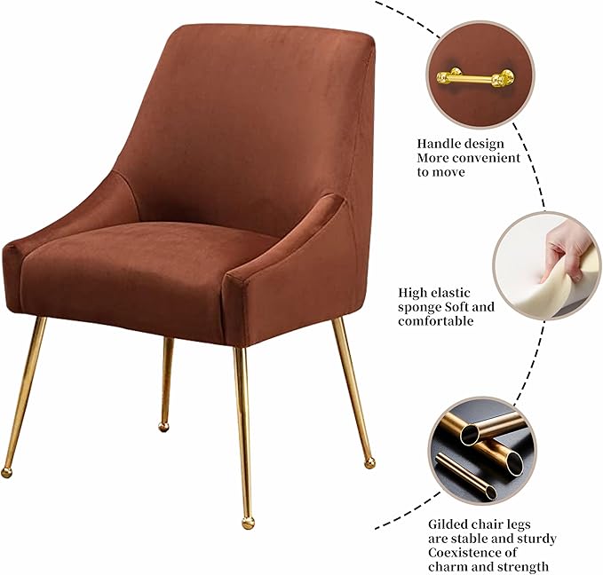 Modern Velvet Dining Chairs Set of 2, Contemporary Upholstered Furniture Collection with Polished Gold Metal Legs, Elegant Accent Chairs for Kitchen Living Room(Brown)