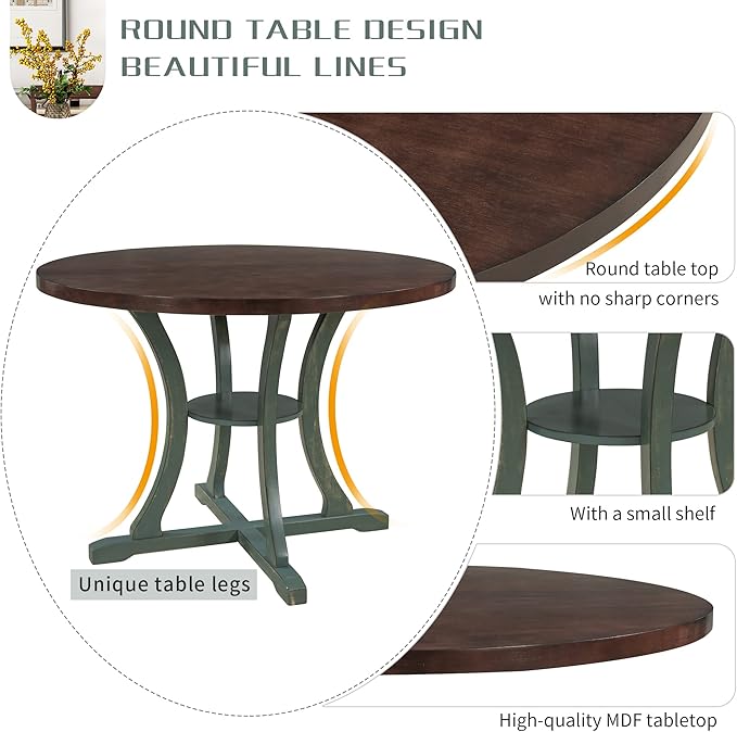 Merax 5 Piece Round Dining Table Set 4 Retro Chairs with Special-Shaped Table Legs, Exquisitely Designed Hollow Chair Back for Dining Room, Antique Blue