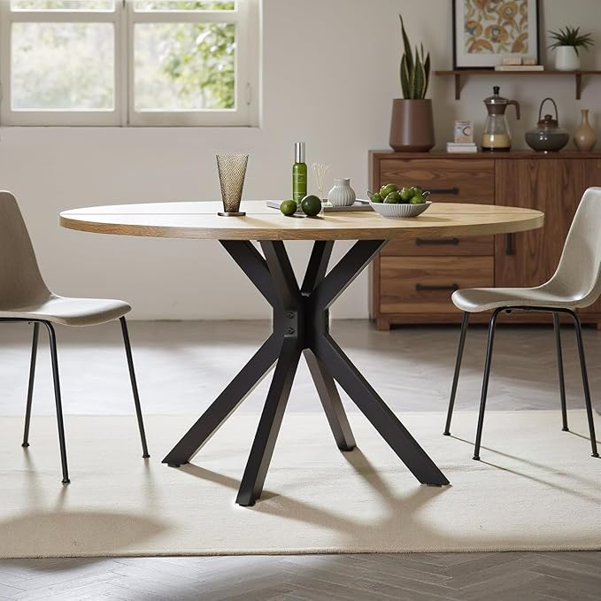 47 Inch Round Dining Table for 4, Modern Round Dinner Table Small Mid Century Dining Room Tables, Leisure Kitchen Tables for Small Space, Kitchen, Living Room, Steel Legs, Black & Natural