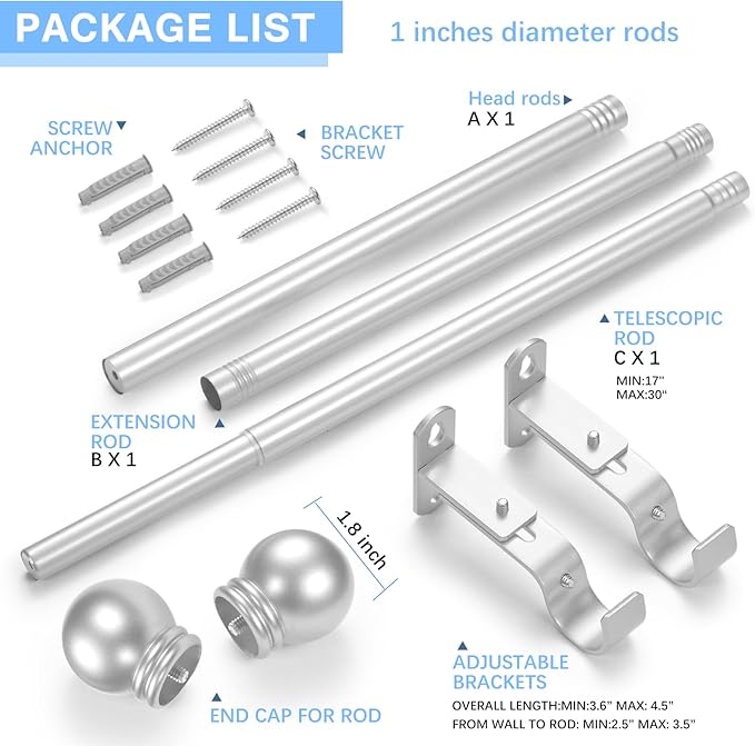 Curtain Rods for Windows 16 to 48 Inches, Curtain Rod Max Adjustable Length of 60 IN, 1" Diameter Drapery Rods Round Finials, Satin Silver, Pack of 1