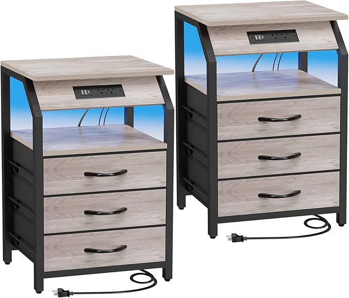 Night Stand Set of 2, Nightstands with Charger Station and LED Lights, End Tables Set with 3 Fabric Drawers, Storage Side Tables for Bedside, Living Room, Greige