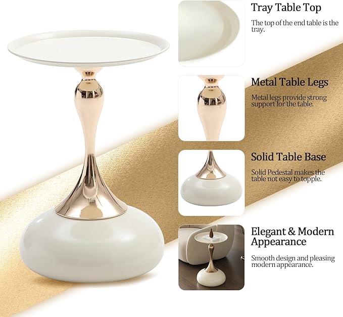 White Pedestal Side Table for Small Spaces, Metal Round Unique End Tables Living Room Modern Corner Accent Table, Martini Table Small Drink Table for Couch, Sofa, Recliner