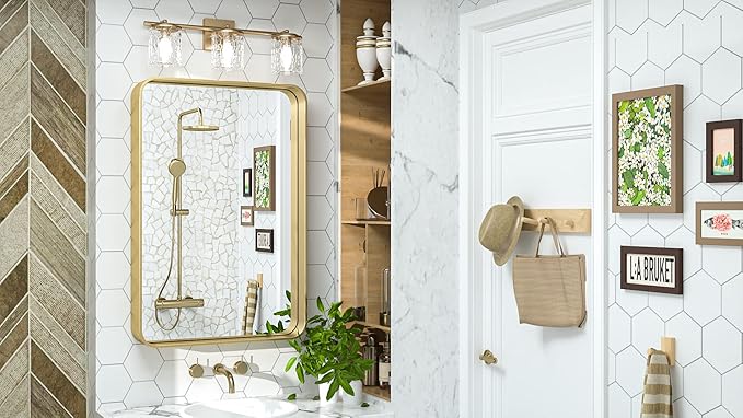 TokeShimi 20 x 30 Inch Gold Bathroom Wall Mirror Vanity Metal Frame Round Corner Rectangular for Home Decor Living Room Entryway (Horizontal/Vertical)