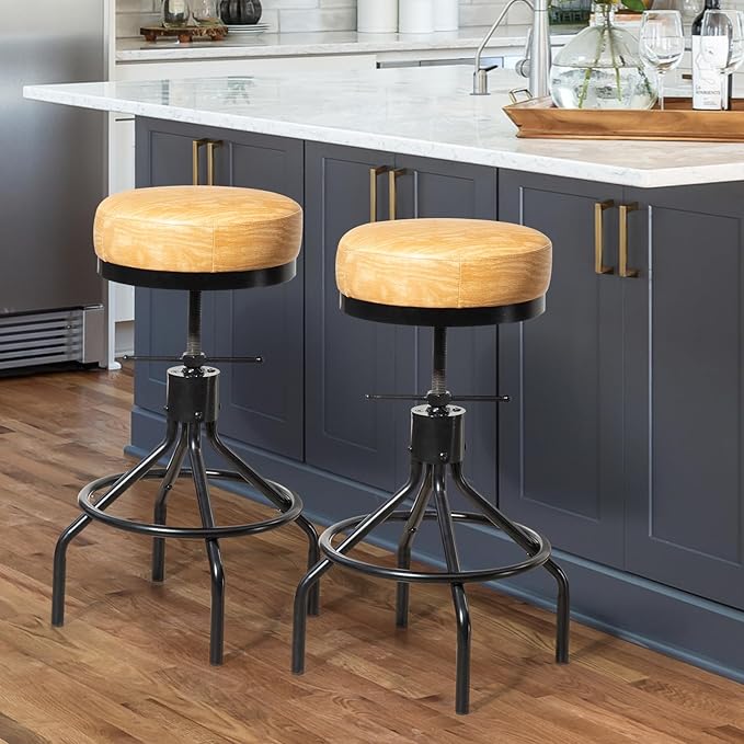 Swivel Bar Stools Adjustable Swivel Barstools Modern PU Leather 28inch Round Backless Counter Height Stool Metal Industrial Bar Chair for Kitchen Island (1, Ash Wood PU Leather)
