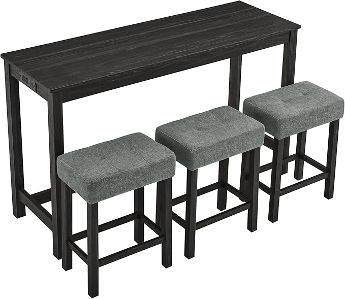 Ball & Cast 4 Piece Kitchen Dining Room Table and Chairs Set, Farmhouse Wooden Counter Height Bar-Sets w/USB Ports & Power Outlet & 3pcs Stools, 59" Sofa-Table Barstool w/Charging Station, Black