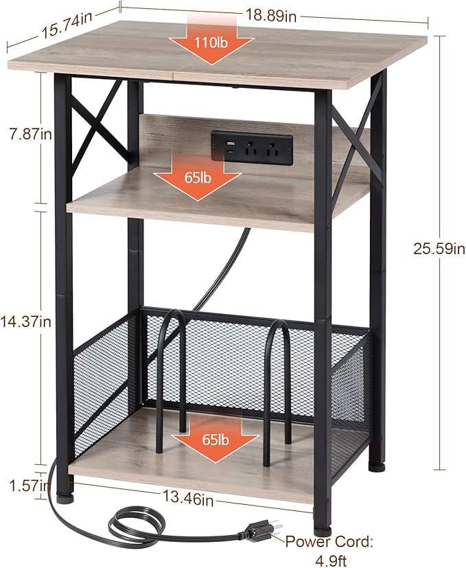 AMHANCIBLE Record Player Stand with Charging Station, Large Turntable with Storage Cabinet holds up to 100 Albums, 3 Tier End Table for Vinyl, Living Room, Grey, HETCD012GY-1