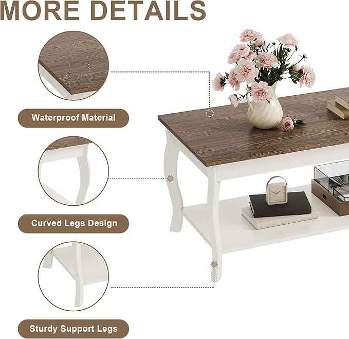 ChooChoo Coffee Table, Rustic Center Table with Curved Legs and Storage Shelf, 39" Coffee Table for Living Room, Soft White