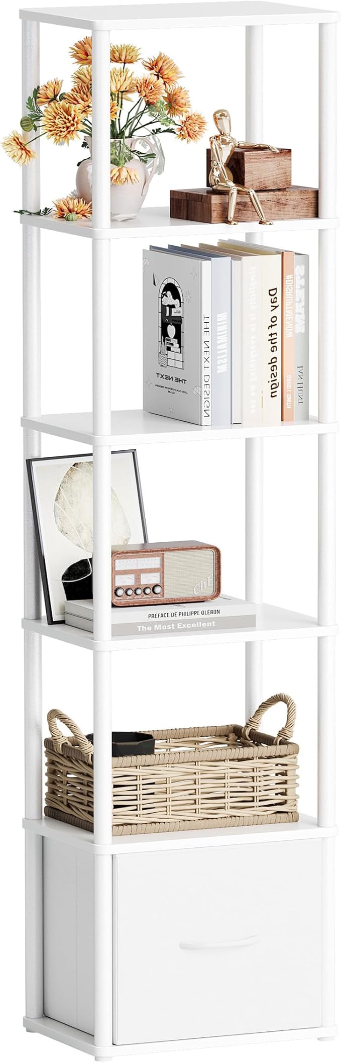 6-Tier Bookshelf with Drawer,Narrow Bookshelves Organizer,Floor Standing Ladder Shelf,Tall Bookcase for Small Space,Book shelf with Storage for Living Room, Bedroom, Office, Study White HBC505W