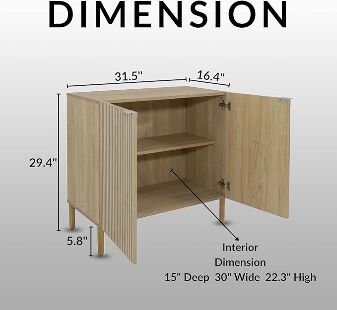 Sango Merk 2-Door Cabinet, Modern Brown Storage Cabinet with Vertical Groove Doors, Adjustable Shelf, Cylindrical Wood Legs, Discreet Metal Finger Pulls, Stylish Furniture for Living or Dining Room