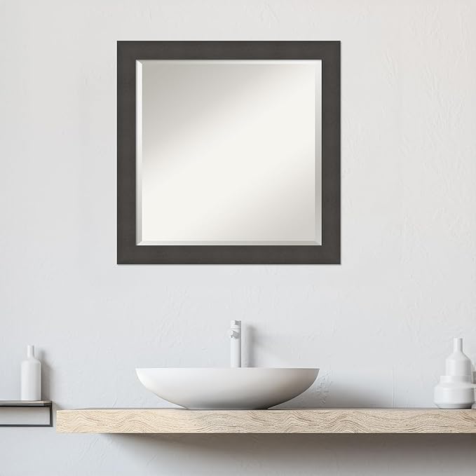 Amanti Art Silver Bathroom Mirror for Over Sink, 24x24 Blaine Light Pewter Narrow Square Vanity Mirror, Medium Modern Contemporary Frame, Hangs Horizonally and Vertically, Bathroom Wall Decor, Beveled