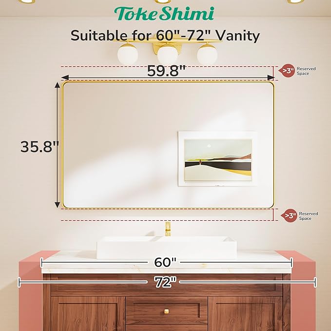 TokeShimi Brushed Nickel Vanity Mirror 60x36,Bathroom Mirror Framed Aluminum,Tempered Glass,Rectangle Mirror for Bathroom,Shatterproof Bathroom Wall Mirror(Horizontal/Vertical)