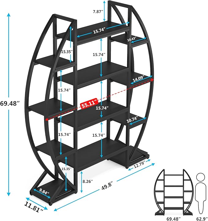 Tribesigns Oval Bookshelf, Triple Wide 5 Tiers Etagere Bookcases, Industrial Display Shelves for Living Room (55", Black)