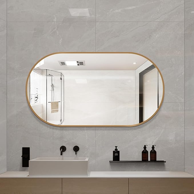 LAIYA 48x24inch Oval Wall Bathroom Mirror with Golden Aluminum Frame,Wall Mounted Oval Vanity Mirrors， Explosion-Proof Glass, Waterproof Design, Easy Installation，Horizontally/Vertically