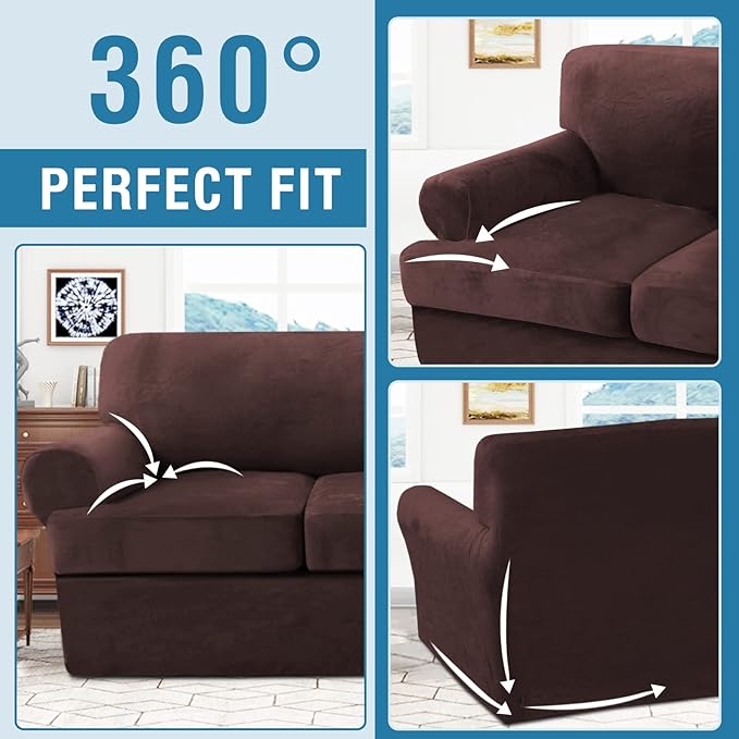 H.VERSAILTEX Sofa Cover 3 Piece T Cushion Loveseat Slipcovers Thick Velvet Couch Cover Furniture Protector Stretch T Cushion Sofa Covers for 2 Cushion Couch with 2 T Cushion Covers Washable, Brown