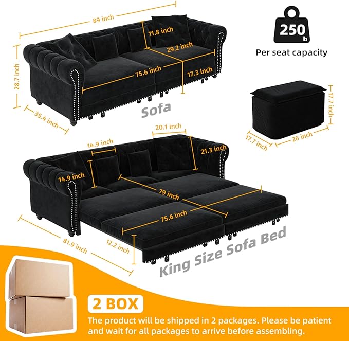 KEIKI 3-in-1 Velvet Chesterfield Sofa Bed with Ottoman, Convertible King Size Sleeper Couch, Rolled Arm Design, Comfortable 3-Seater for Living Room or Bedroom, Black