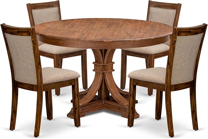F7MZ5-50N-04 5-Pc Dining Table Set Includes a Pedestal Dinner Table and 4 Light Tan Polyester Fabric Parson Chairs with Padded Back- Antique Walnut