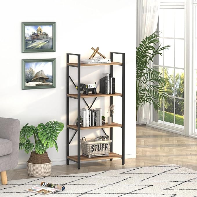 BON AUGURE Industrial 4 Tier Bookshelf, Modern Open Shelving Unit Book Shelves, Heavy Duty Etagere Bookcase, Wood Metal 4 Shelf Book Case for Office, Living Room and Bedroom (Vintage Oak)