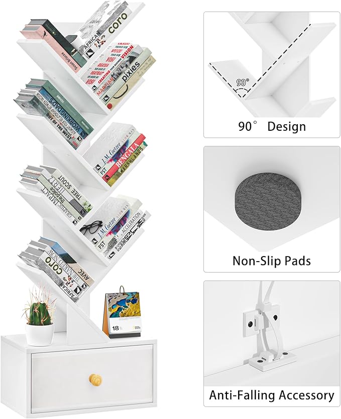 8 Tier Tree Bookshelf with Drawer, Free Standing Wood Bookcase for Living Room, Bedroom, Home Office, Space Saving Storage Organizer Bookshelves for Books, CDs, Vinyl Records- White