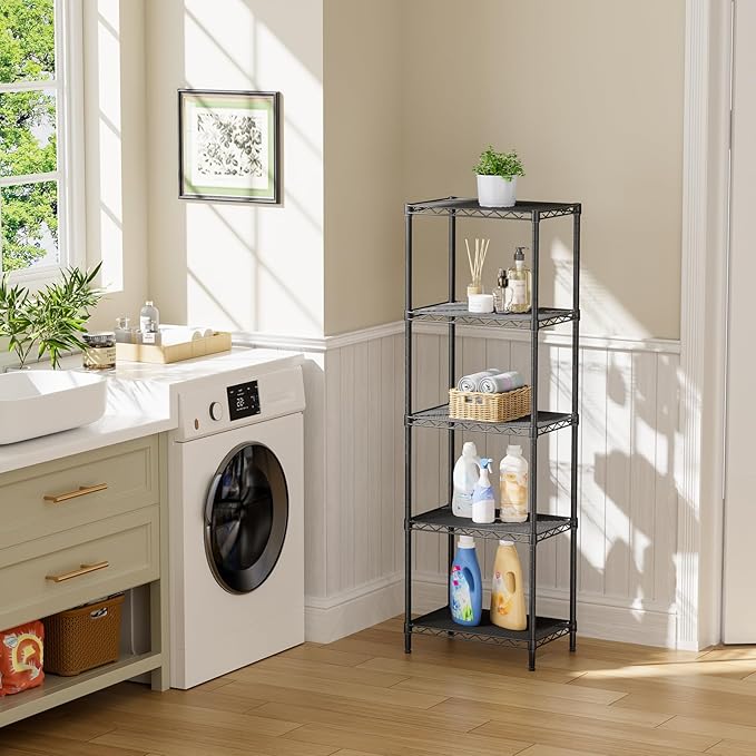 SINGAYE 5 Tier Shelf Wire Shelving Adjustable Storage Shelves Rack Standing Units for Kitchen Closet Laundry Bathroom Organizers Metal Pantry Narrow Mesh Gaps 10" D x 16" W x 55" H Black