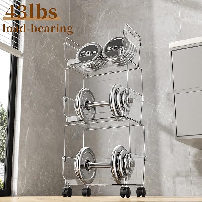 YCIA&DONE 3 Tier Rolling Cart, Storage Shelf Organizer with Lockable Caster Wheels,Transparent Slim Storage Cart for Bathroom, Laundry,Cosmetics