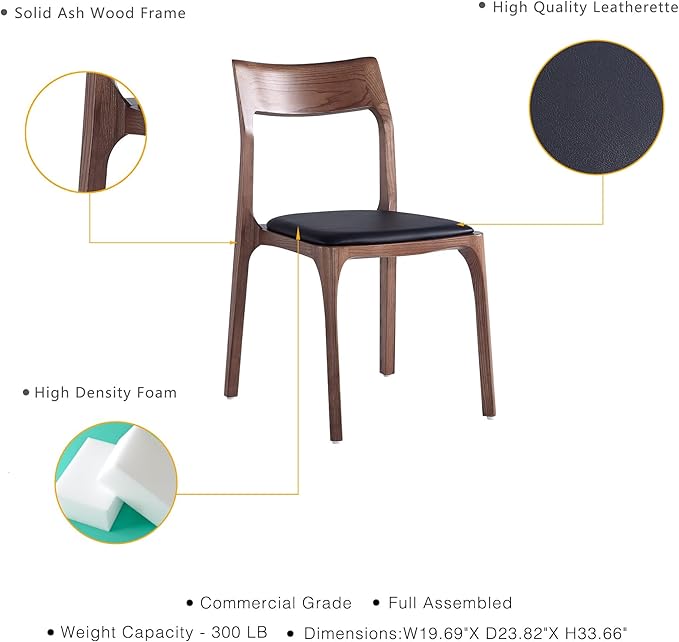 Manhattan Comfort Moderno Stackable Dining Chairs with Leatherette Upholstered Seat, Foam Padding & Solid Wood Frame, Suitable for Kitchen or Restaurant Usage, Set of 2, Black