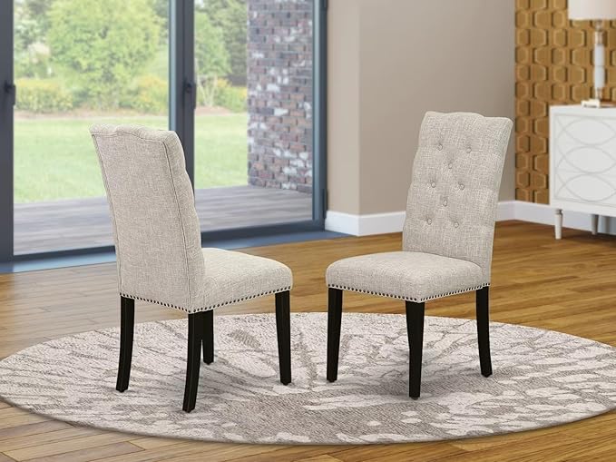 East West Furniture ELP6T35 Elsa Parson Dining Room Chairs - Button Tufted Nailhead Trim Doeskin Linen Fabric Padded Chairs, Set of 2, Wirebrushed Black