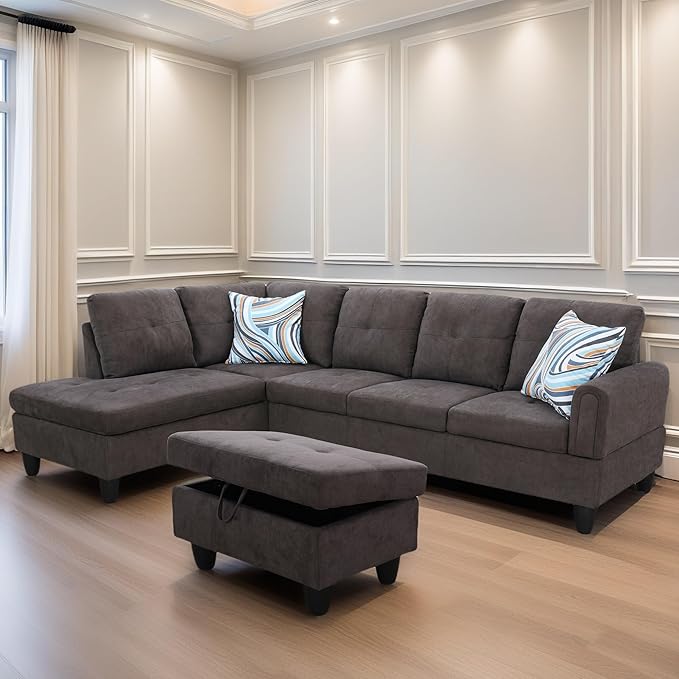 L Shaped Sectional Couches for Living Room, Modern Modular Sectional Sofa with Ottoman Storage, Comfy L Shaped Couch with Chaise for Bedroom Apartment Furniture, Coffee