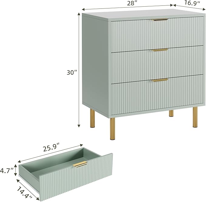 Green Dresser, Modern 3 Drawer Dresser for Bedroom with Gold Handle and Large Drawer, Wood Double Chest of Drawers and Storage Organizer for Living Room, Hallway, Entryway