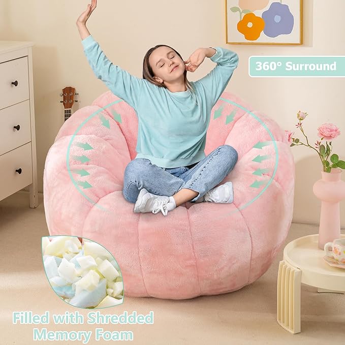 Pumpkin Bean Bag Sofa Chair for Adult, Beanbag Couch with Filler for Reading and Relaxation, Comfy and Lazy Sofa for Dorm, Apartment, Living Room and Bedroom, Pink