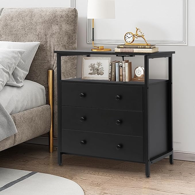 3 Wooden Drawers Nightstand, 27 Inch Wide Night Stand Set 2 with Charging Station and Adjustable Drawers, Bedside Table for Living Room/Bedroom/Office, Black.