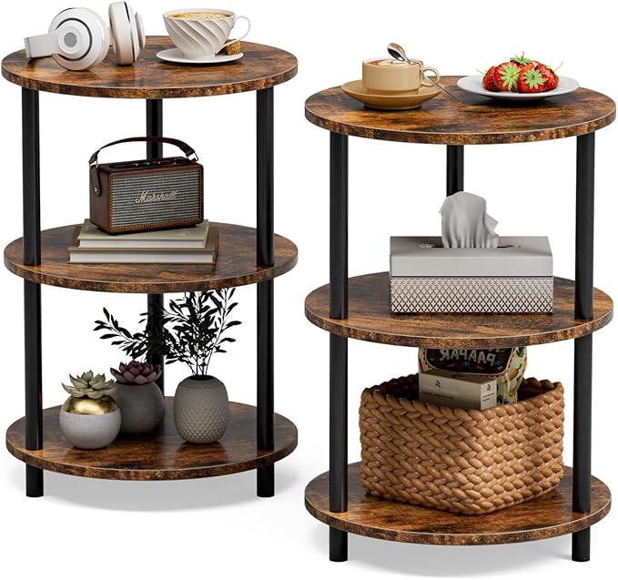 Small Round End Table - 3 Tier Design Accent Table, Narrow Side or Bedside Stand, Industrial Vintage Nightstand for Bedroom, Living Room, or Small Spaces, Set of 2, Rustic Brown