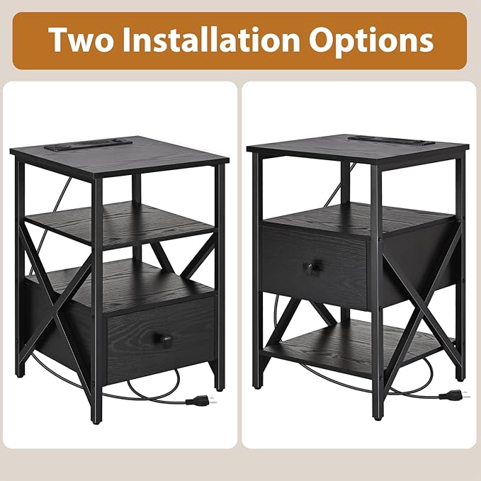 End Table with Wireless Charging Station, Black Side Tables Living Room with Outlet, End Table with Wood Drawer, Night Stand with Storage for Bedroom, Bedside Tables